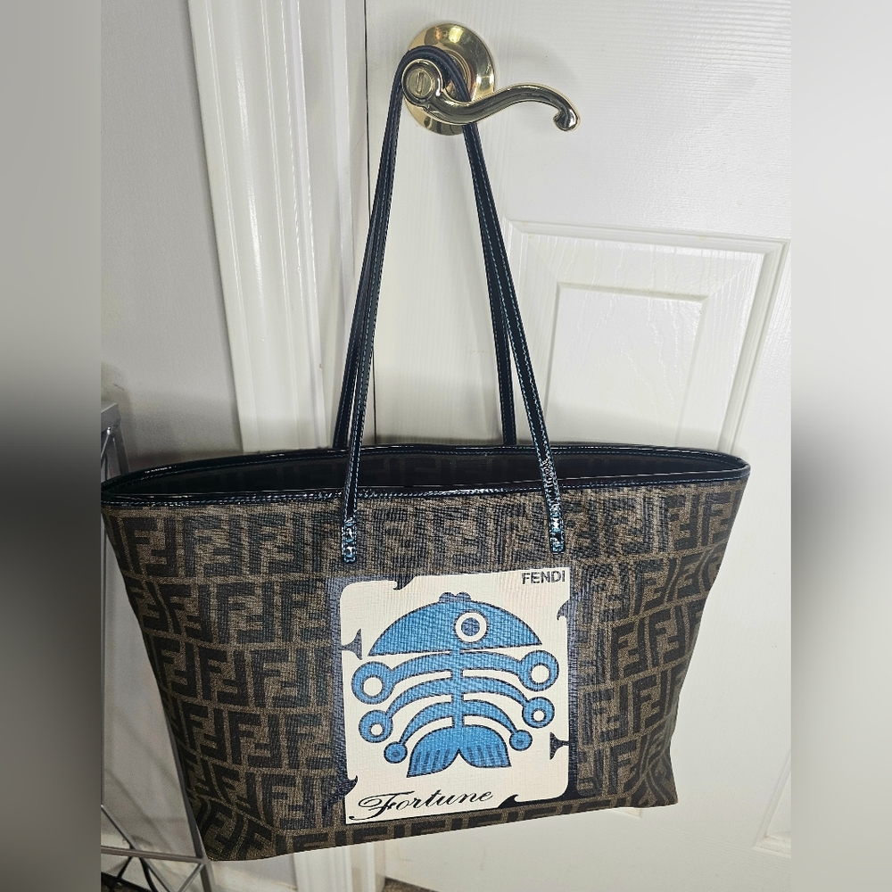 FENDI🔥🔥100% Authentic  "ZUCCA" Black and Brown Tote with Blue Motif